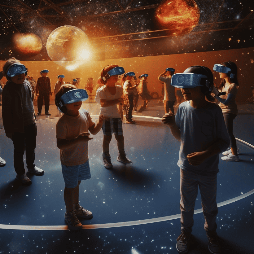Leerlingen in de gymzaal kijken naar planeten in VR